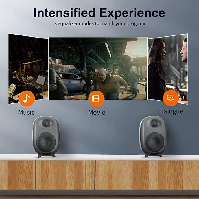 Bookshelf speakers, Bluetooth 5.0 and wired optical RCA input ports, bass and treble tunable. - 
